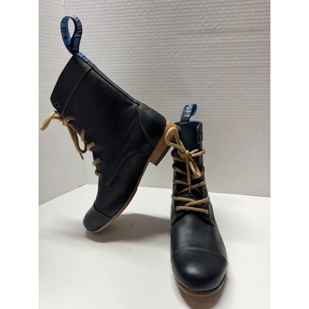 John Fluevog Radio CBC Black Leather Lace Up Cap Toe Boots Blue Lining‎ Mens 7